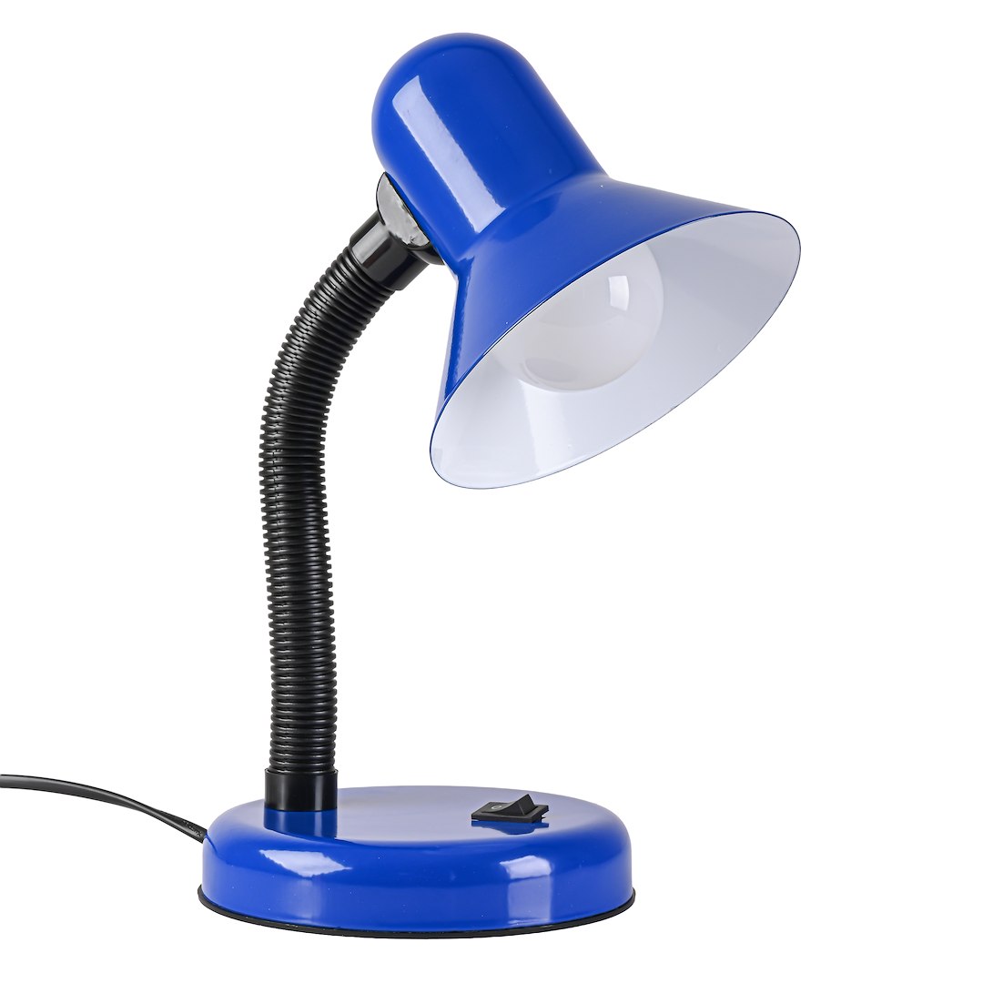 Lampka biurkowa Mentor w kolorze niebieskim z regulowanym ramieniem, podstawa okrągła z włącznikiem, lampion w kształcie stożka z białym wnętrzem. Wykonana z metalu, z elastycznym przewodem. Idealna do biura lub na stół do pracy.