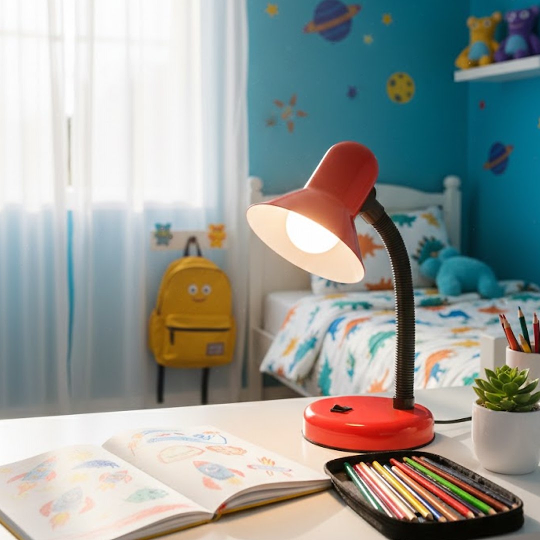 Czerwona lampka biurkowa Mentor z jedną oprawą E27, elastycznym ramieniem i okrągłą podstawą. Ustawiona na biurku, obok kolorowych przyborów plastycznych oraz zeszytu z rysunkami. W tle widoczne żółty plecak i pokój dziecięcy.