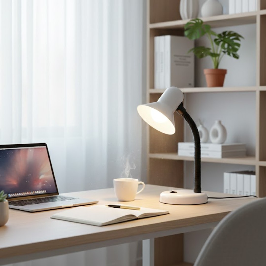 Lampka biurkowa Mentor 1xE27 w kolorze białym, z elastycznym ramieniem i okrągłą podstawą. Ustawiona na drewnianym biurku, oświetla notatnik, laptop oraz filiżankę z parującą kawą, w tle półka z roślinami i książkami.