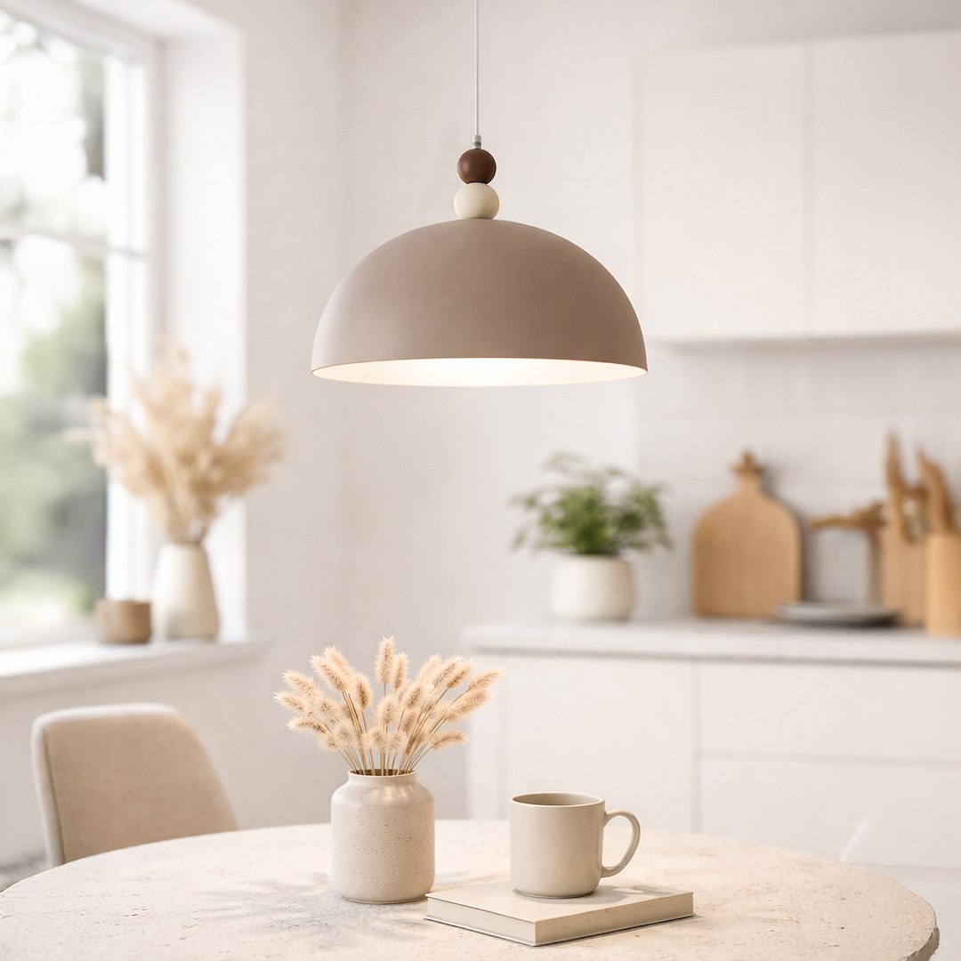 Lampa wisząca Bento 1xE27 w kolorze kaszmiru, z okrągłym kloszem, zawieszona nad okrągłym stołem. Posiada dekoracyjny element w formie kulki. W tle widoczne rośliny w doniczkach oraz jasne, minimalistyczne wnętrze kuchni.