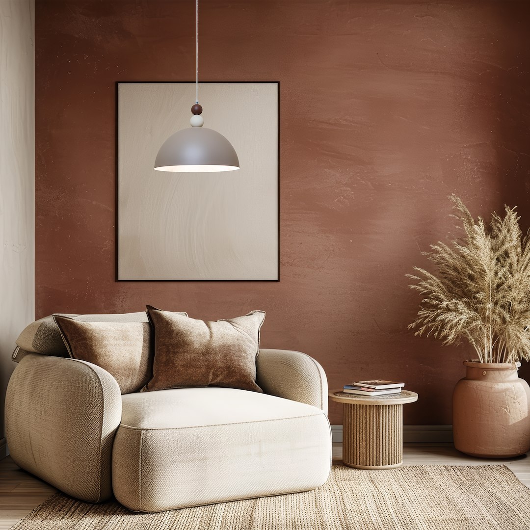 Lampa wisząca Bento w kolorze kaszmiru z kloszem w kształcie półkuli, zawieszona na cienkim przewodzie. W tle widoczna ściana w odcieniu terakoty oraz wygodny fotel w jasnym materiale z poduszkami.