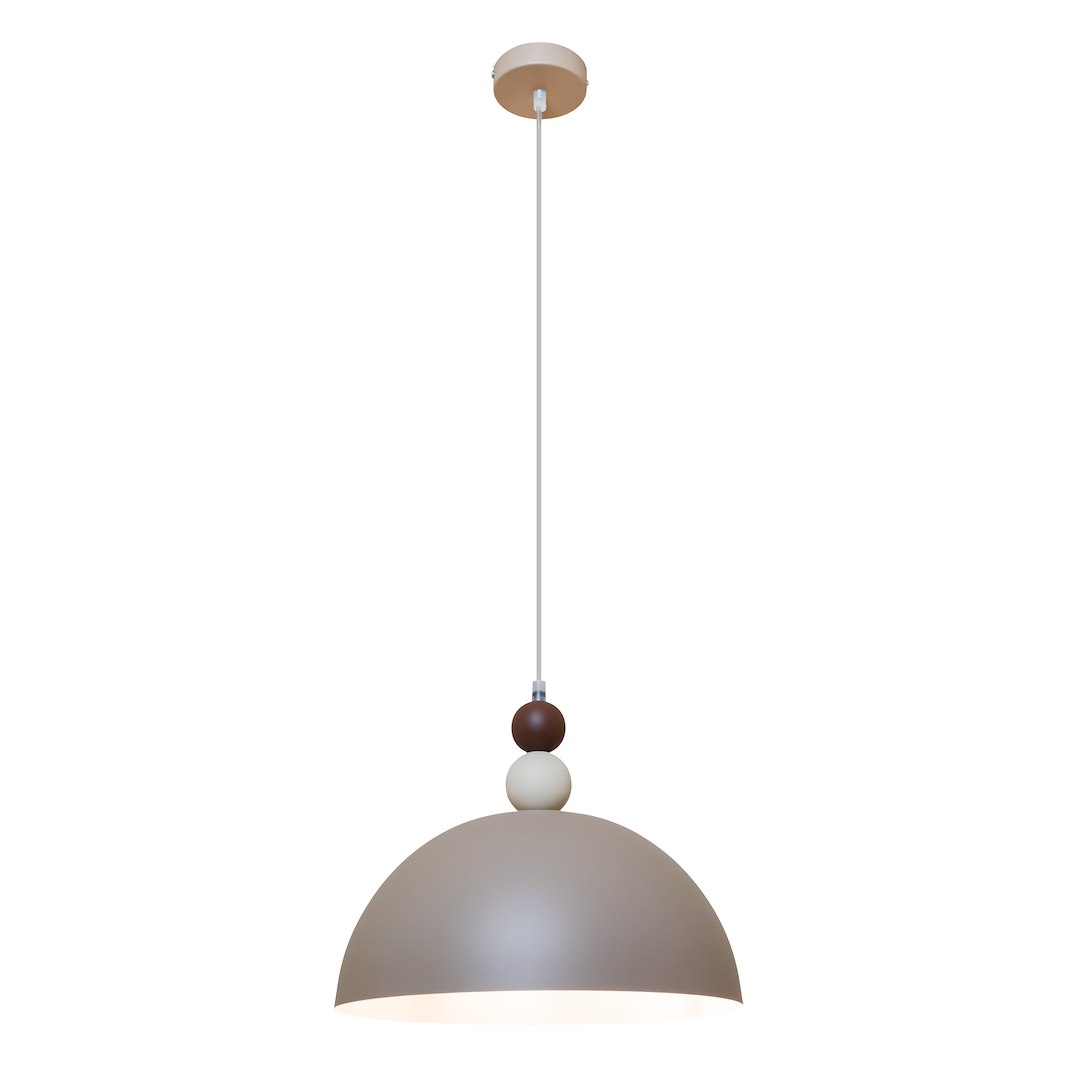 Lampa wisząca Bento w kolorze kaszmirowym, z metalowym kloszem w kształcie półkuli i dekoracyjnymi kulkami w odcieniach brązu i bieli. Zawieszona na białym kablu, z montażem sufitowym. Przeznaczona do żarówki E27.