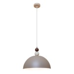 Lampa wisząca Bento w kolorze kaszmirowym, z metalowym kloszem w kształcie półkuli i dekoracyjnymi kulkami w odcieniach brązu i bieli. Zawieszona na białym kablu, z montażem sufitowym. Przeznaczona do żarówki E27.