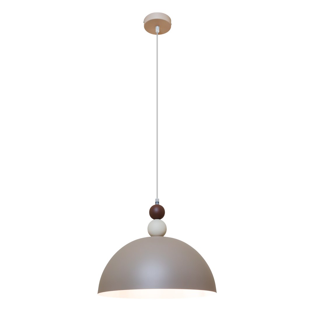 Lampa wisząca Bento 1xE27 w kolorze kaszmiru, z metalowym kloszem w kształcie półkuli. Posiada dekoracyjne elementy w postaci kolorowych kul. Zawieszona na białym przewodzie, mocowana do sufitu okrągłym uchwytem.