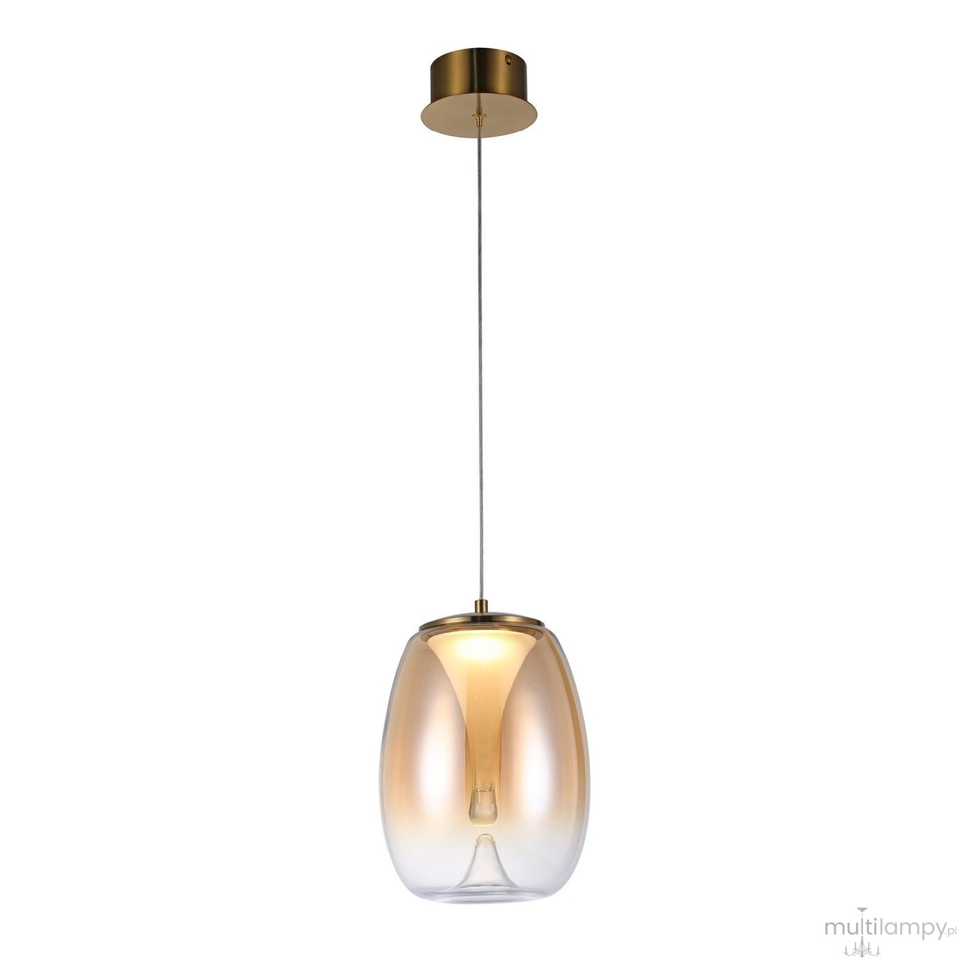 Lampa wisząca LED Pamela D20, mosiężna, z bursztynowym kloszem. Kształt owalny, zawieszona na cienkim kablu. Wysoka przezroczystość klosza podkreśla źródło światła wewnątrz. Montaż sufitowy, elegancki design.