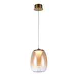 Lampa wisząca LED Pamela D20, mosiężna, z bursztynowym kloszem. Kształt owalny, zawieszona na cienkim kablu. Wysoka przezroczystość klosza podkreśla źródło światła wewnątrz. Montaż sufitowy, elegancki design.