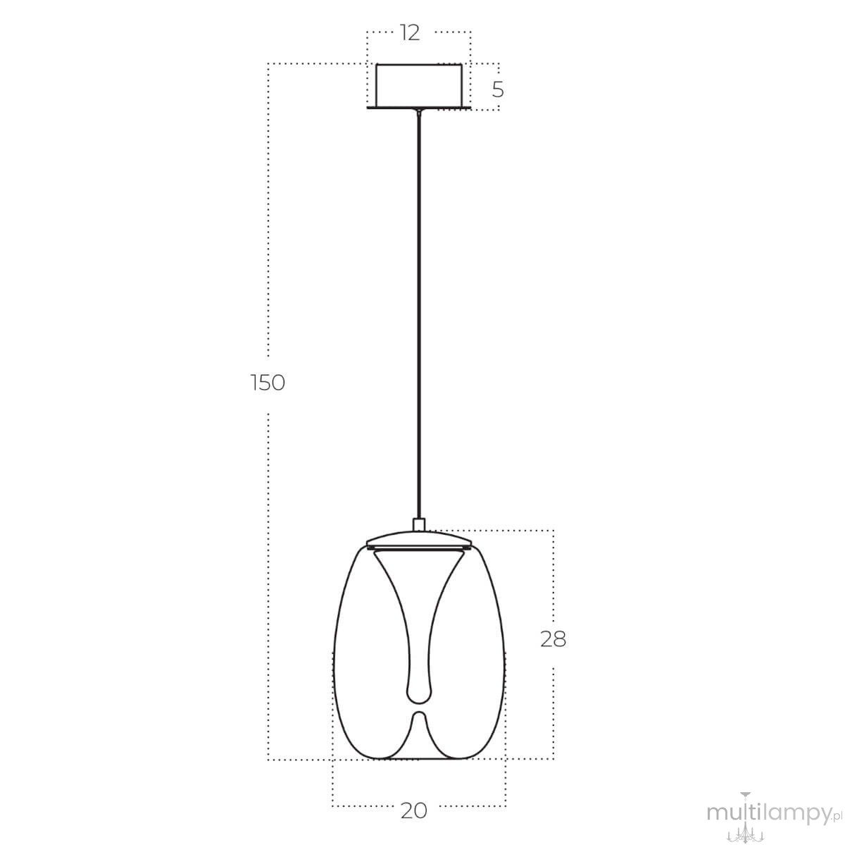 Lampa wisząca LED Pamela D20, mosiężna, bursztynowa, o wymiarach 20 cm średnicy i 28 cm wysokości, zawieszona na cienkim przewodzie. Prosty, nowoczesny kształt z widocznym mocowaniem sufitowym o wymiarach 12x5 cm. Idealna do wnętrz.