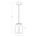 Lampa wisząca LED Pamela D20, mosiężna, bursztynowa, o wymiarach 20 cm średnicy i 28 cm wysokości, zawieszona na cienkim przewodzie. Prosty, nowoczesny kształt z widocznym mocowaniem sufitowym o wymiarach 12x5 cm. Idealna do wnętrz.