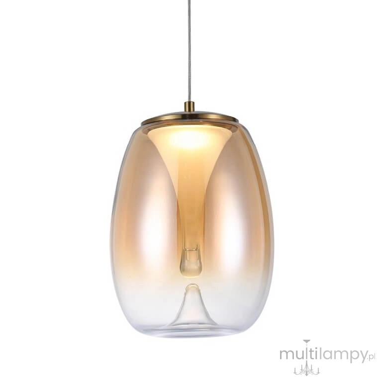 Lampa wisząca LED Pamela D20 o mocy 8W, wykonana z mosiądzu i bursztynowego szkła. Ma owalny kształt, z przezroczystą górą, zawieszona na cienkim przewodzie. Widoczne źródło światła wewnątrz, elegancka i nowoczesna.