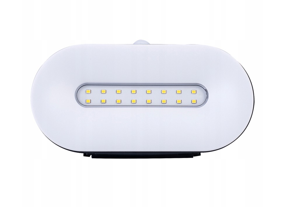 Czarny kinkiet elewacyjny solarny Uran LED z czujnikiem ruchu i zmierzchu. Owalna obudowa z białym przodem, wbudowane diody LED w linii. Kinkiet montowany na ścianie, widok frontalny. Idealny do oświetlenia zewnętrznego.