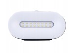 Czarny kinkiet elewacyjny solarny Uran LED z czujnikiem ruchu i zmierzchu. Owalna obudowa z białym przodem, wbudowane diody LED w linii. Kinkiet montowany na ścianie, widok frontalny. Idealny do oświetlenia zewnętrznego.
