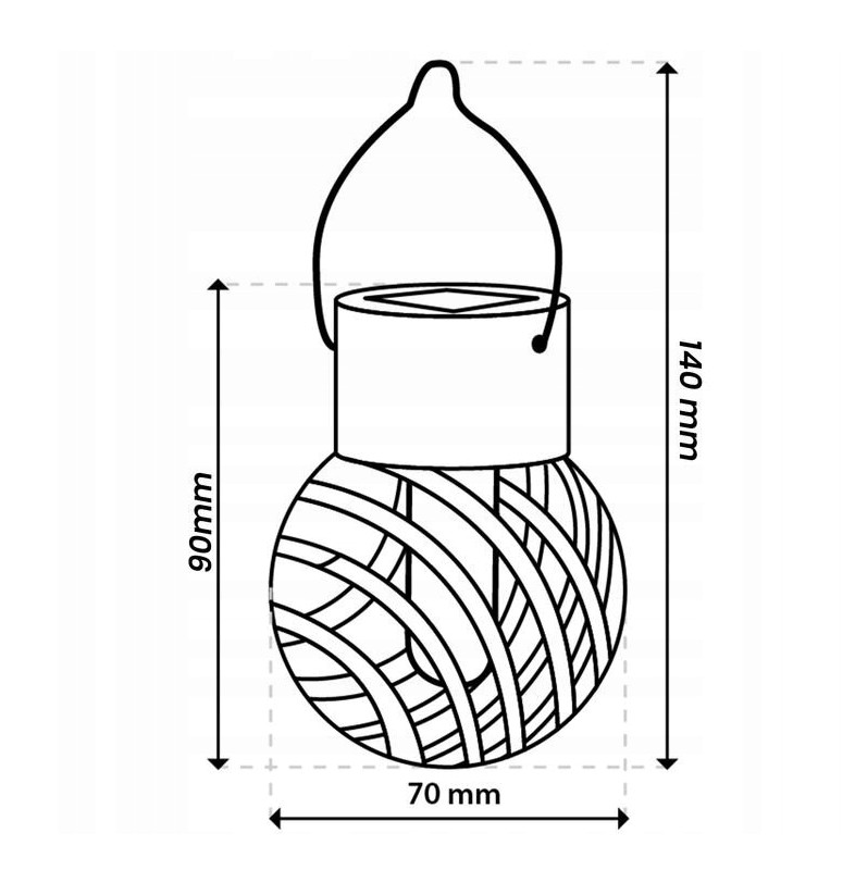 Lampka wisząca solarna w kolorze czarnym, o wymiarach 140 mm wysokości i 70 mm średnicy. Okrągły klosz z wzorem plecionki, z uchwytem do zawieszenia. Wykonana z materiałów odpornych na warunki atmosferyczne.