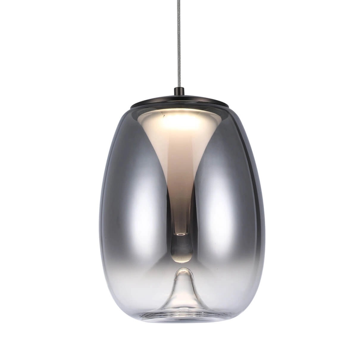 Czarna lampa wisząca LED Pamela D20 o mocy 8W, z przydymionym kloszem o zaokrąglonym kształcie. Montowana na cienkim przewodzie, z widoczną źródłem światła w centralnej części, idealna do nowoczesnych wnętrz.