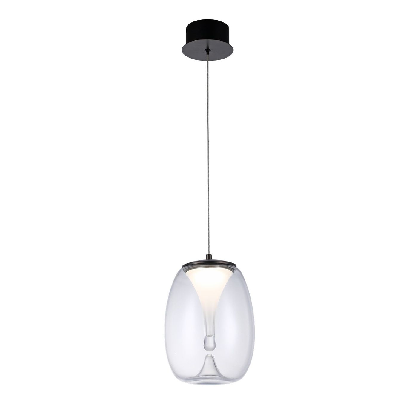 Lampa wisząca LED Pamela D20, moc 8W, z czarnym metalowym mocowaniem i przezroczystym kloszem w kształcie elipsy. Zawieszona na cienkim przewodzie, idealna do nowoczesnych wnętrz.