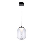 Lampa wisząca LED Pamela D20, moc 8W, z czarnym metalowym mocowaniem i przezroczystym kloszem w kształcie elipsy. Zawieszona na cienkim przewodzie, idealna do nowoczesnych wnętrz.