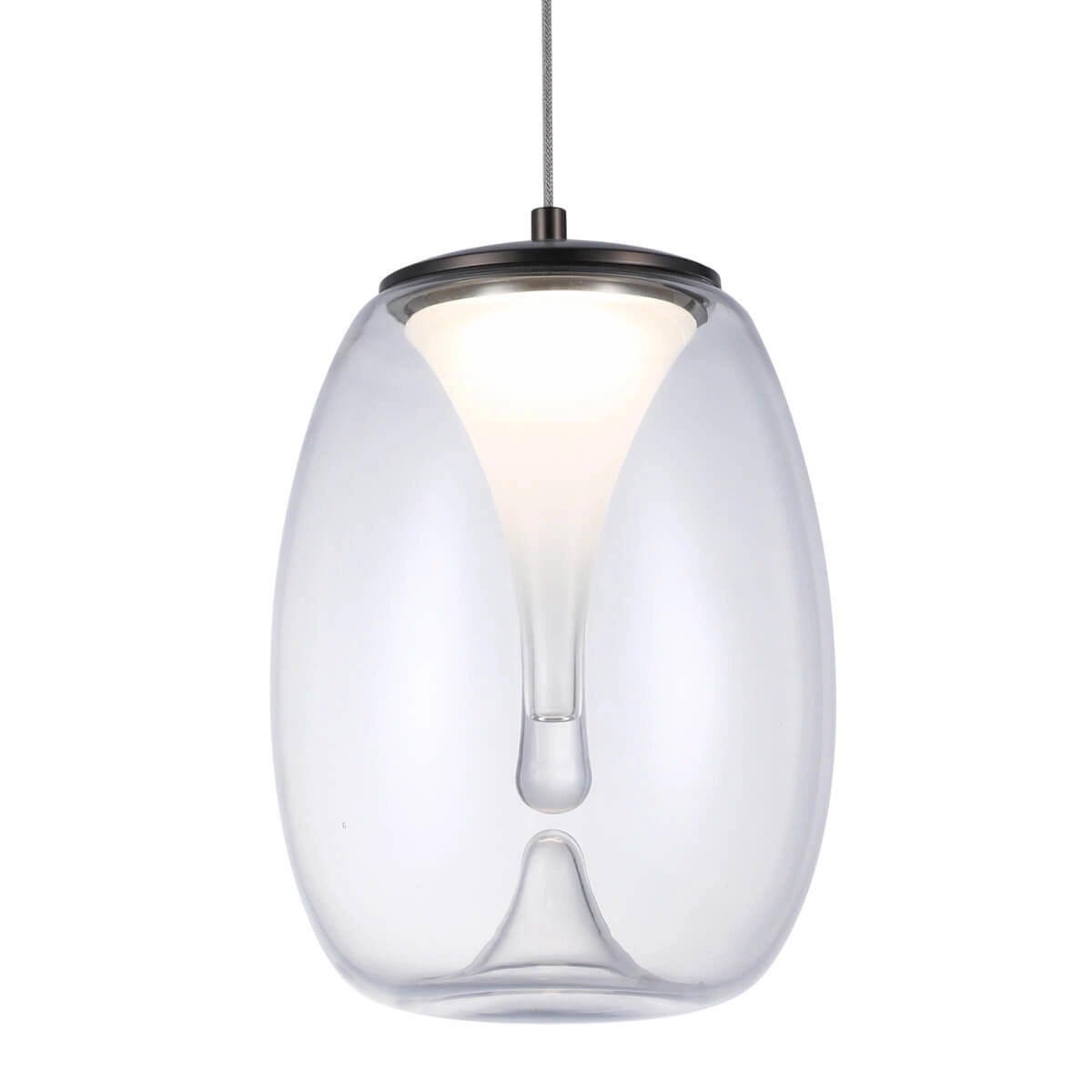 Lampa wisząca LED Pamela D20 o mocy 8W w czarnej oprawie z przezroczystym kloszem, w kształcie owalnym, zawieszona na cienkim kablu. Źródło światła umieszczone w centralnej części klosza, emitujące ciepłe światło.