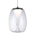 Lampa wisząca LED Pamela D20 o mocy 8W w czarnej oprawie z przezroczystym kloszem, w kształcie owalnym, zawieszona na cienkim kablu. Źródło światła umieszczone w centralnej części klosza, emitujące ciepłe światło.