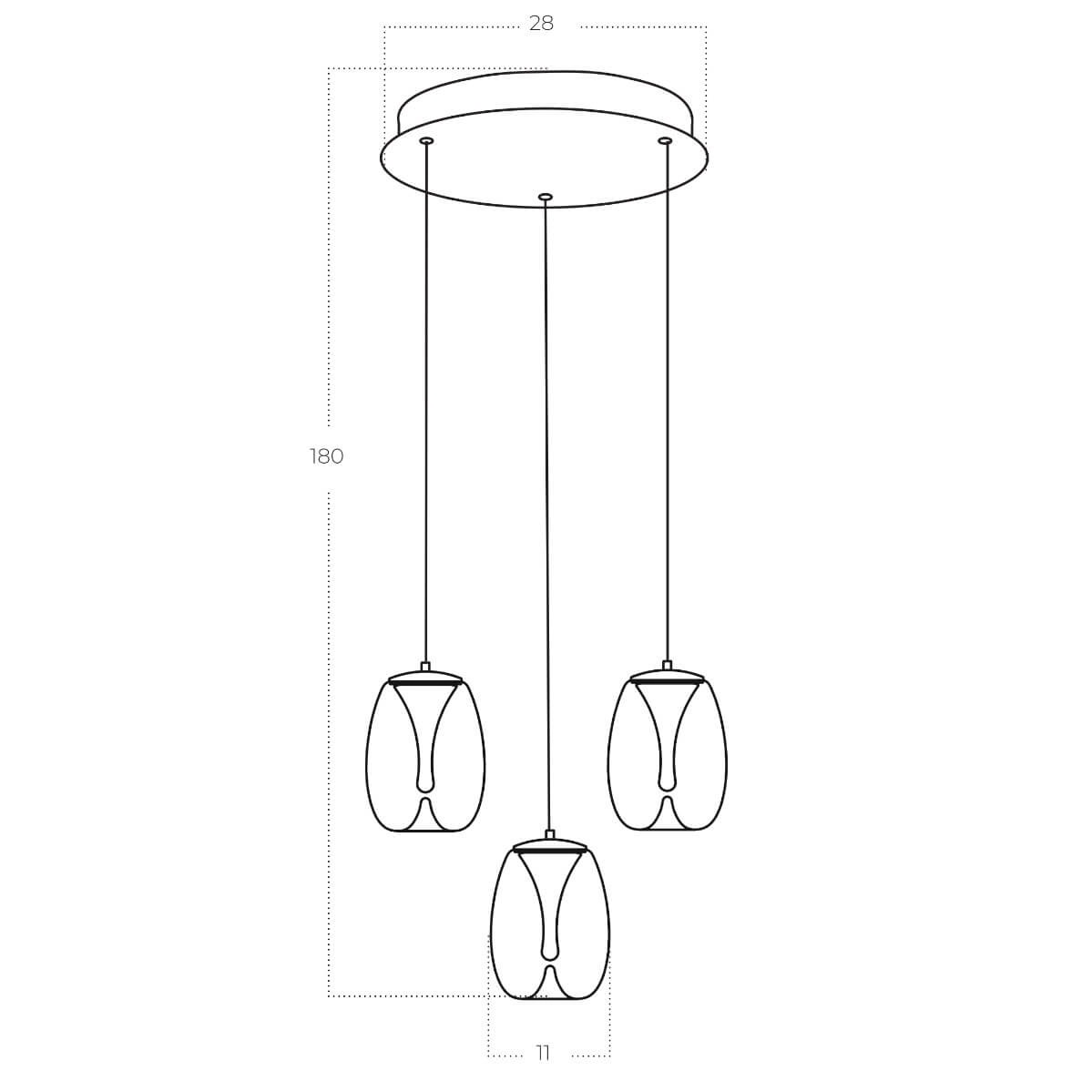 Lampa wisząca Pamela z trzema kloszami LED 15W w kolorze czarnym przydymionym. Ułożona w pionie, z okrągłym, metalowym mocowaniem. Klosze mają opływowy kształt. Wymiary: średnica 28 cm, długość zwisu 180 cm, średnica klosza 11 cm.