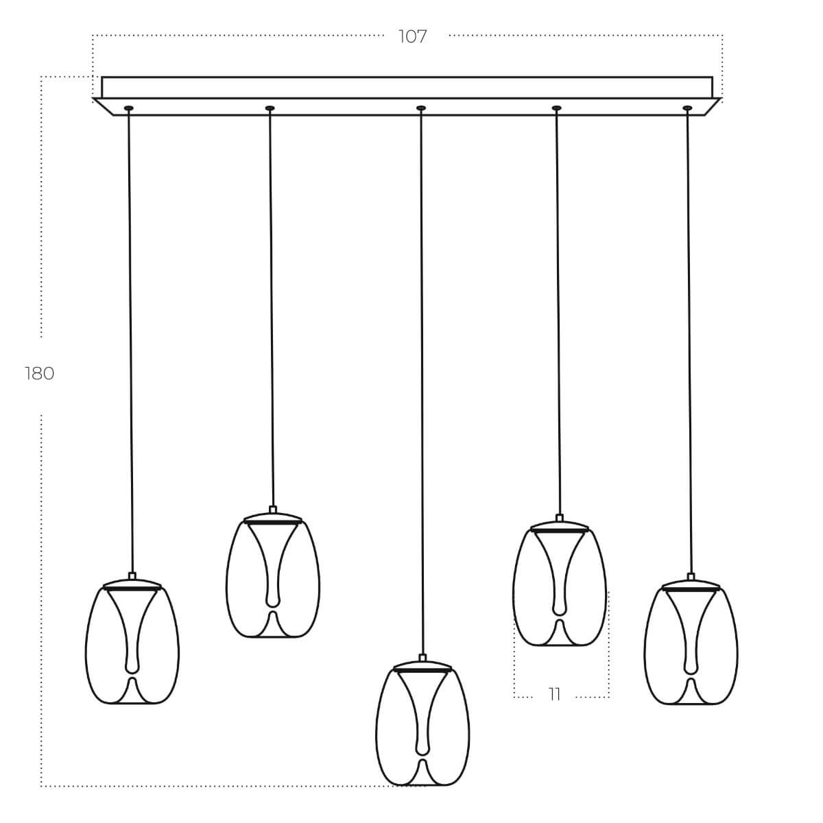 Lampa wisząca Pamela z pięcioma kloszami LED 25W w kolorze czarnym, z przydymionym wykończeniem. Ułożona na prostokątnej podstawie, zwisająca na cienkich linach, w formie nowoczesnych kloszy o zaokrąglonym kształcie.