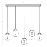 Lampa wisząca Pamela z pięcioma kloszami LED 25W w kolorze czarnym, z przydymionym wykończeniem. Ułożona na prostokątnej podstawie, zwisająca na cienkich linach, w formie nowoczesnych kloszy o zaokrąglonym kształcie.
