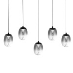 Lampa wisząca Pamela z pięcioma kloszami LED (25W) w kolorze czarnym, wykonana z przydymionego szkła. Klosze mają owalny kształt i są zawieszone na cienkich linkach, tworząc nowoczesny efekt wizualny.