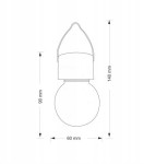 Lampka wisząca solarna o wymiarach 140 mm wysokości i 60 mm średnicy, z kulistym kloszem i stożkowym uchwytem. Wydaje zimne białe światło 6000K. Kształt klasyczny, idealna do użytku na zewnątrz lub w aranżacjach ogrodowych.