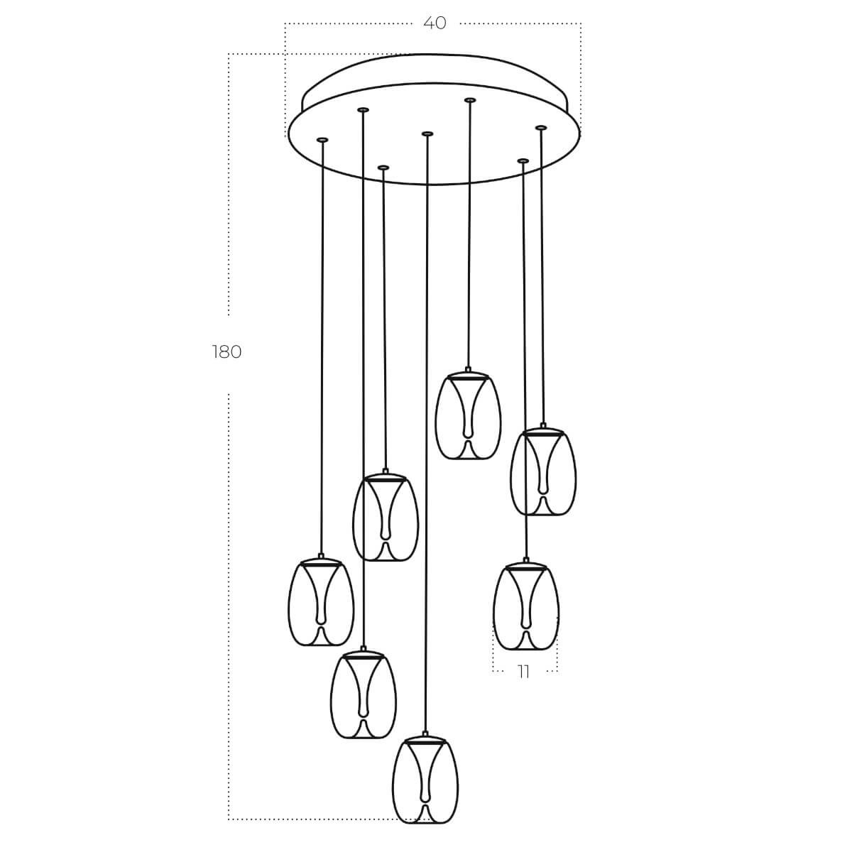 Lampa wisząca Pamela z 7 kloszami LED o mocy 35W, czarna przydymiona. Klosze w kształcie owalnym, zawieszone na cienkich linkach, z okrągłym, płaskim mocowaniem sufitowym. Wysokość 180 cm, średnica mocowania 40 cm.