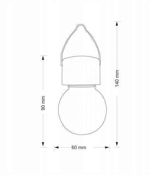 Lampka wisząca solarna RGB o okrągłym kloszu, średnicy 60 mm, wysokości 140 mm i zawieszeniu 90 mm. Prosta konstrukcja z uchwytem do montażu, idealna do oświetlenia przestrzeni zewnętrznych.