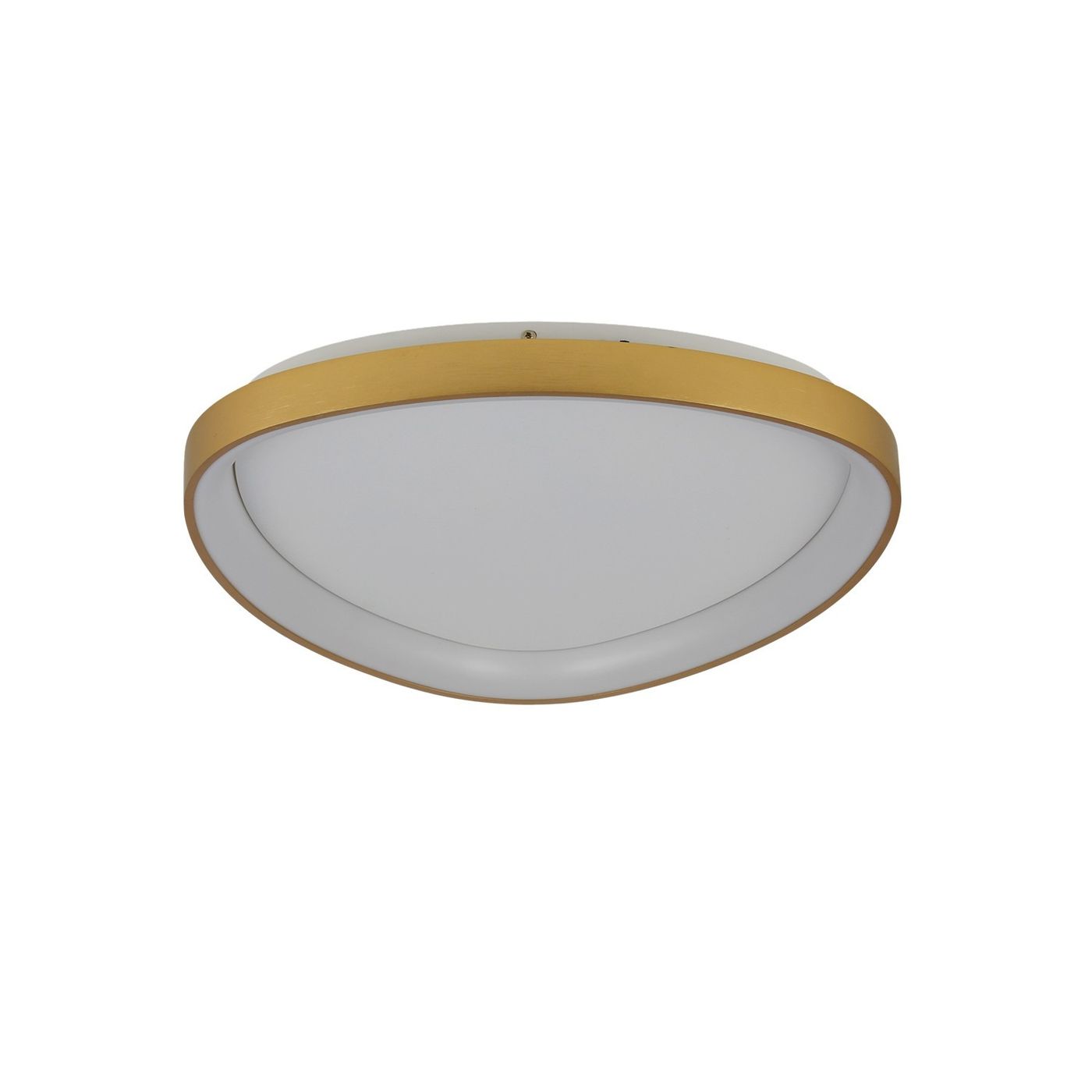 Plafon LED Amanda D40 o mocy 70W z złotą metalową ramą i białym, okrągłym kloszem. Produkt zamontowany do sufitu, widoczny z perspektywy frontalnej. Zastosowanie nowoczesnego designu sprawia, że pasuje do różnych wnętrz.