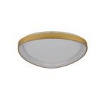 Plafon LED Amanda D40 o mocy 70W z złotą metalową ramą i białym, okrągłym kloszem. Produkt zamontowany do sufitu, widoczny z perspektywy frontalnej. Zastosowanie nowoczesnego designu sprawia, że pasuje do różnych wnętrz.