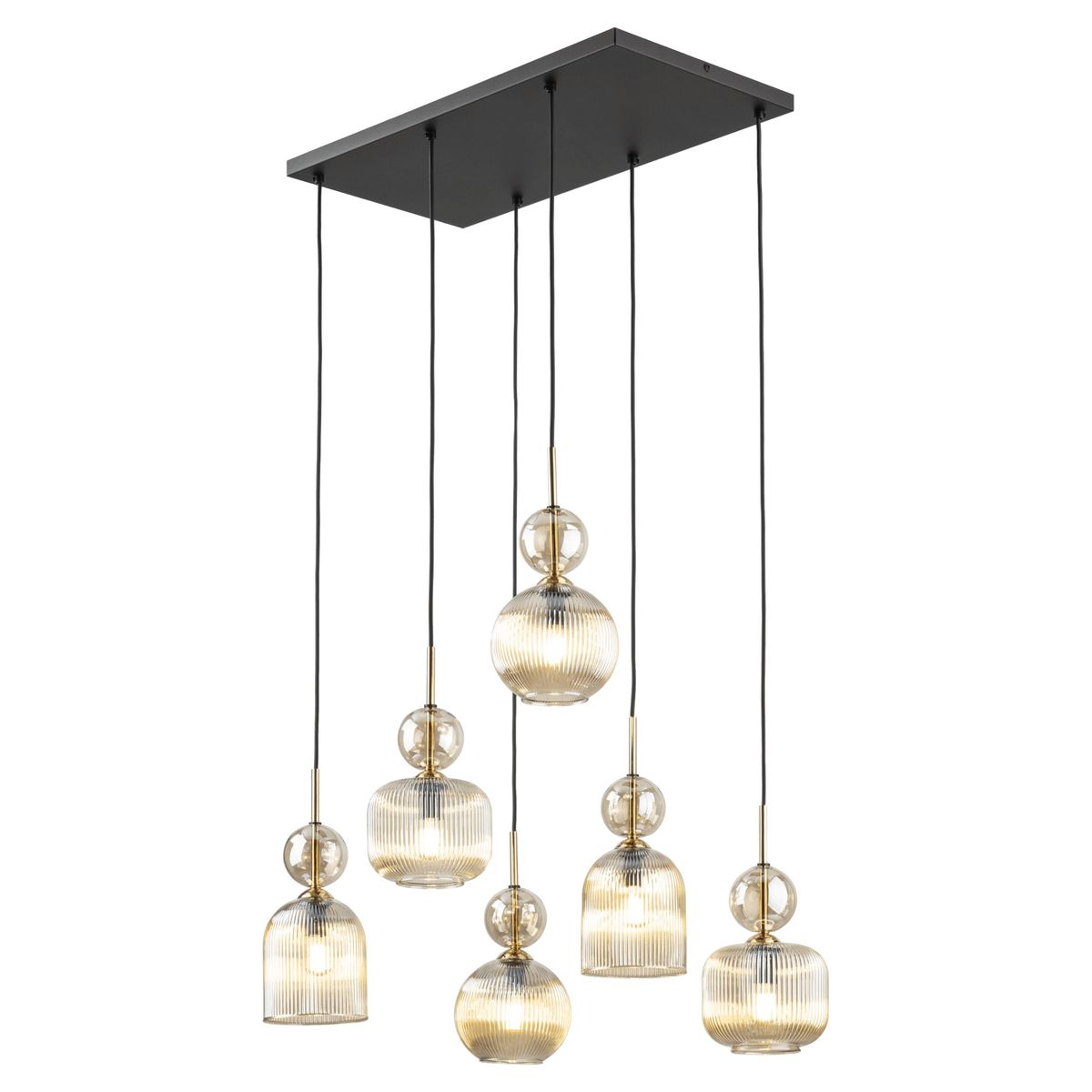 Lampa wisząca Sophia z sześcioma kloszami E14 w odcieniach bursztynowych, zawieszona na czarnych linkach z prostokątnym, czarnym mocowaniem. Klosze mają różne kształty: kuliste, cylindryczne i stożkowate, z delikatnym żłobieniem.