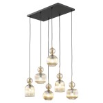 Lampa wisząca Sophia z sześcioma kloszami E14 w odcieniach bursztynowych, zawieszona na czarnych linkach z prostokątnym, czarnym mocowaniem. Klosze mają różne kształty: kuliste, cylindryczne i stożkowate, z delikatnym żłobieniem.