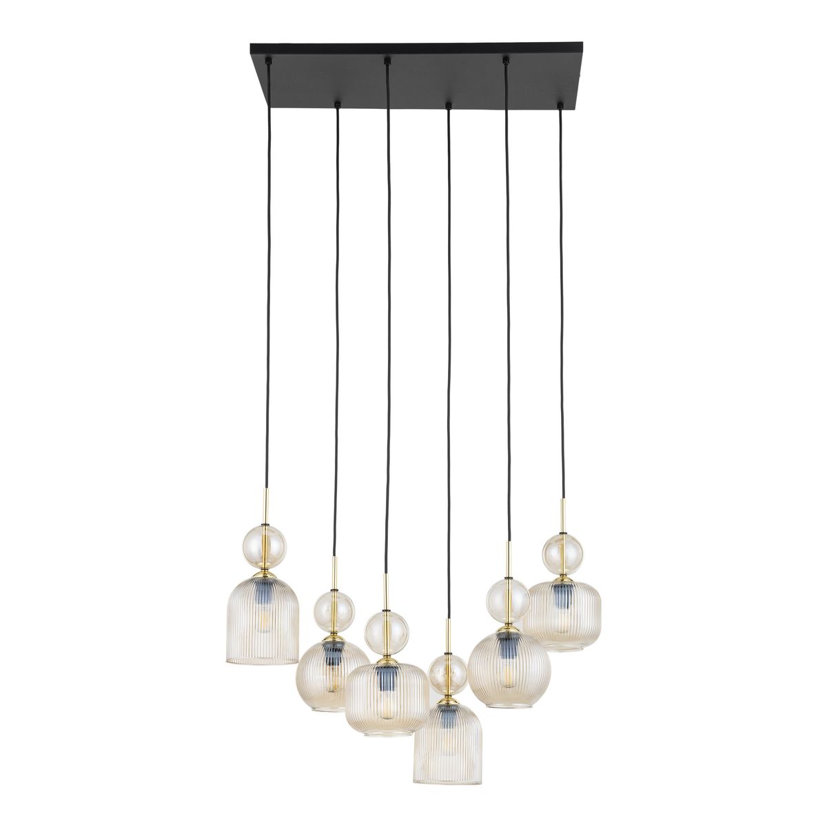 Lampa wisząca Sophia z sześcioma kloszami E14 w różnych kształtach, w kolorze bursztynowym i przezroczystym. Klosze zawieszone na czarnych przewodach, montowane na prostokątnej, czarnej podstawie. Idealna do nowoczesnych wnętrz.