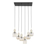 Lampa wisząca Sophia z sześcioma kloszami E14 w różnych kształtach, w kolorze bursztynowym i przezroczystym. Klosze zawieszone na czarnych przewodach, montowane na prostokątnej, czarnej podstawie. Idealna do nowoczesnych wnętrz.