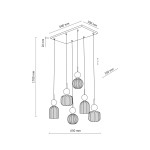 Lampa wisząca Sophia z sześcioma źródłami światła E14 w bursztynowych kloszach. Wymiary: wysokość 1700 mm, szerokość 600 mm, głębokość 300 mm. Klosze o różnej teksturze zawieszone na długich linkach, montowane na prostokątnej podstawie.