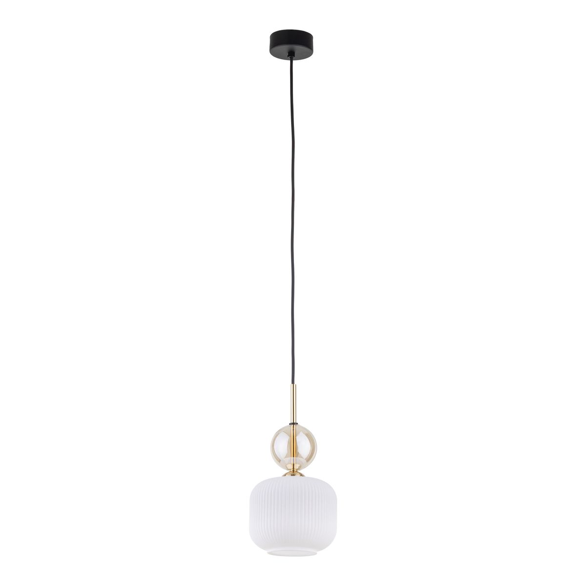 Lampa wisząca Sophia z białym kloszem w kształcie kulistego cylindra, z detalami w kolorze złotym. Posiada przezroczystą kulę z góry i zwisający czarny kabel. Montowana na suficie, idealna do nowoczesnych wnętrz.