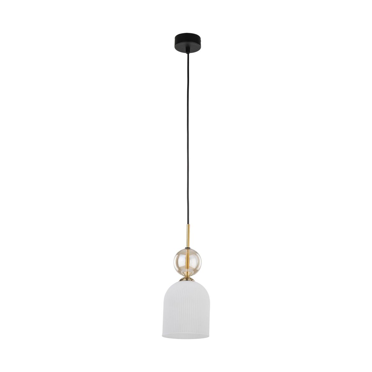 Lampa wisząca Sophia 1xE14 w kolorze białym z teksturowanym kloszem, zawieszona na czarnym przewodzie. U góry znajduje się złoty element z przezroczystą kulą. Prosta, elegancka forma, idealna do nowoczesnych wnętrz.