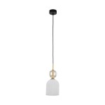 Lampa wisząca Sophia 1xE14 w kolorze białym z teksturowanym kloszem, zawieszona na czarnym przewodzie. U góry znajduje się złoty element z przezroczystą kulą. Prosta, elegancka forma, idealna do nowoczesnych wnętrz.