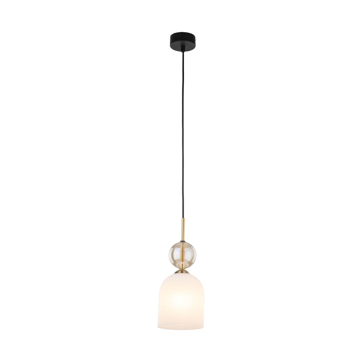 Lampa wisząca Sophia 1xE14 w kolorze białym, z okrągłym szklanym kloszem i złotym detalem. Zawieszona na czarnym przewodzie, wisząca z sufitu, o eleganckim, prostym designie. Idealna do nowoczesnych wnętrz.