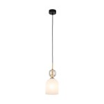 Lampa wisząca Sophia 1xE14 w kolorze białym, z okrągłym szklanym kloszem i złotym detalem. Zawieszona na czarnym przewodzie, wisząca z sufitu, o eleganckim, prostym designie. Idealna do nowoczesnych wnętrz.