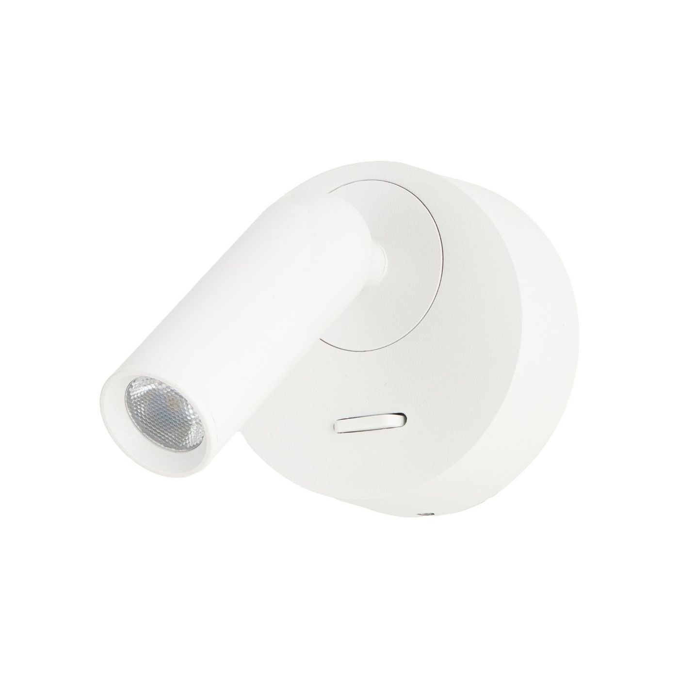 Lugano kinkiet spot LED 3W w kolorze białym, o cylindrycznym kształcie, zamontowany na okrągłej podstawie. Lampa ma regulowany kąt świecenia. Widoczny przycisk do włączania i wyłączania. Prosta, minimalistyczna konstrukcja.