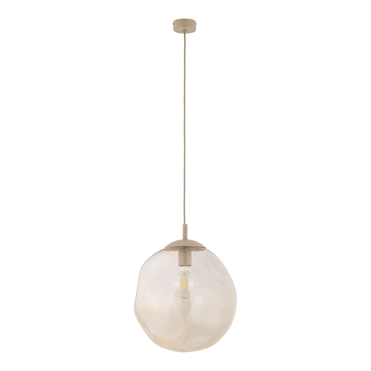 Lampa wisząca Lava Sabia D35 w kolorze beżowym, z przezroczystym kloszem o organicznym kształcie, zawieszona na cienkim przewodzie. Źródło światła E27 widoczne w wnętrzu klosza. Montaż sufitowy, minimalistyczny design.