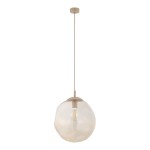 Lampa wisząca Lava Sabia D35 w kolorze beżowym, z przezroczystym kloszem o organicznym kształcie, zawieszona na cienkim przewodzie. Źródło światła E27 widoczne w wnętrzu klosza. Montaż sufitowy, minimalistyczny design.