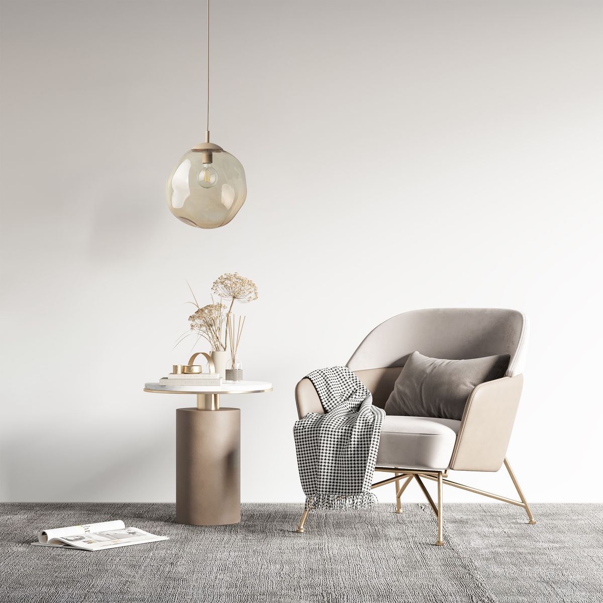 Lava Sabia D35 lampa wisząca 1xE27 w beżowym kolorze, o organicznym kształcie, zawieszona nad okrągłym stolikiem. W tle stylowy fotel i dekoracje na stole, całość na jasnym tle.