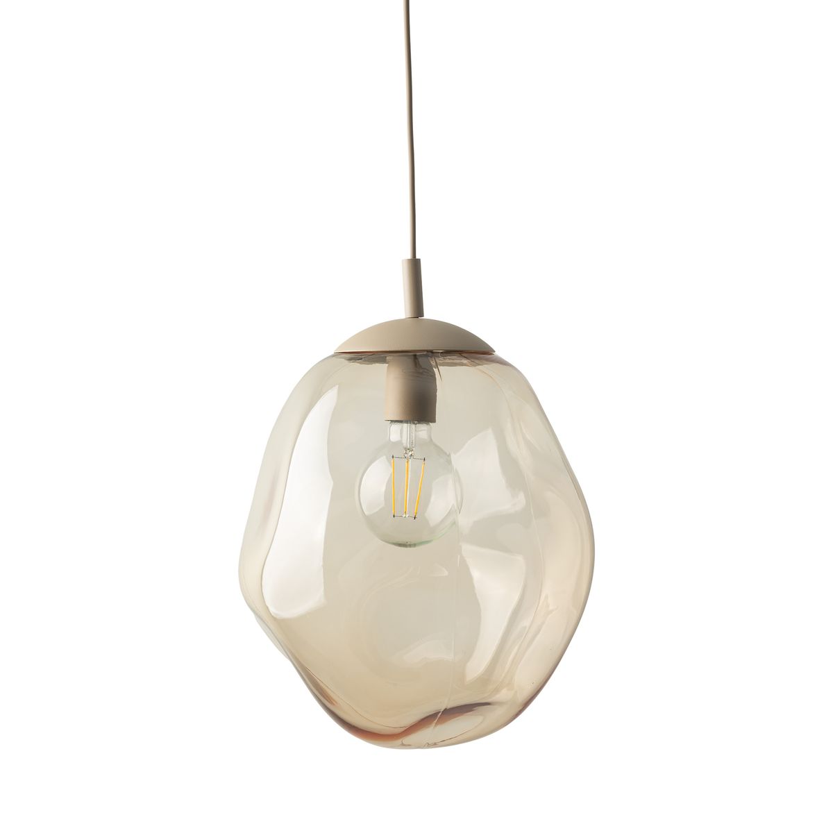 Lava Sabia D35 lampa wisząca w kolorze beżowym, z okrągłym kloszem w kształcie organicznym z przezroczystego szkła, zawieszona na cienkim kablu. Wewnątrz widoczna żarówka E27, umieszczona w metalowym mocowaniu.
