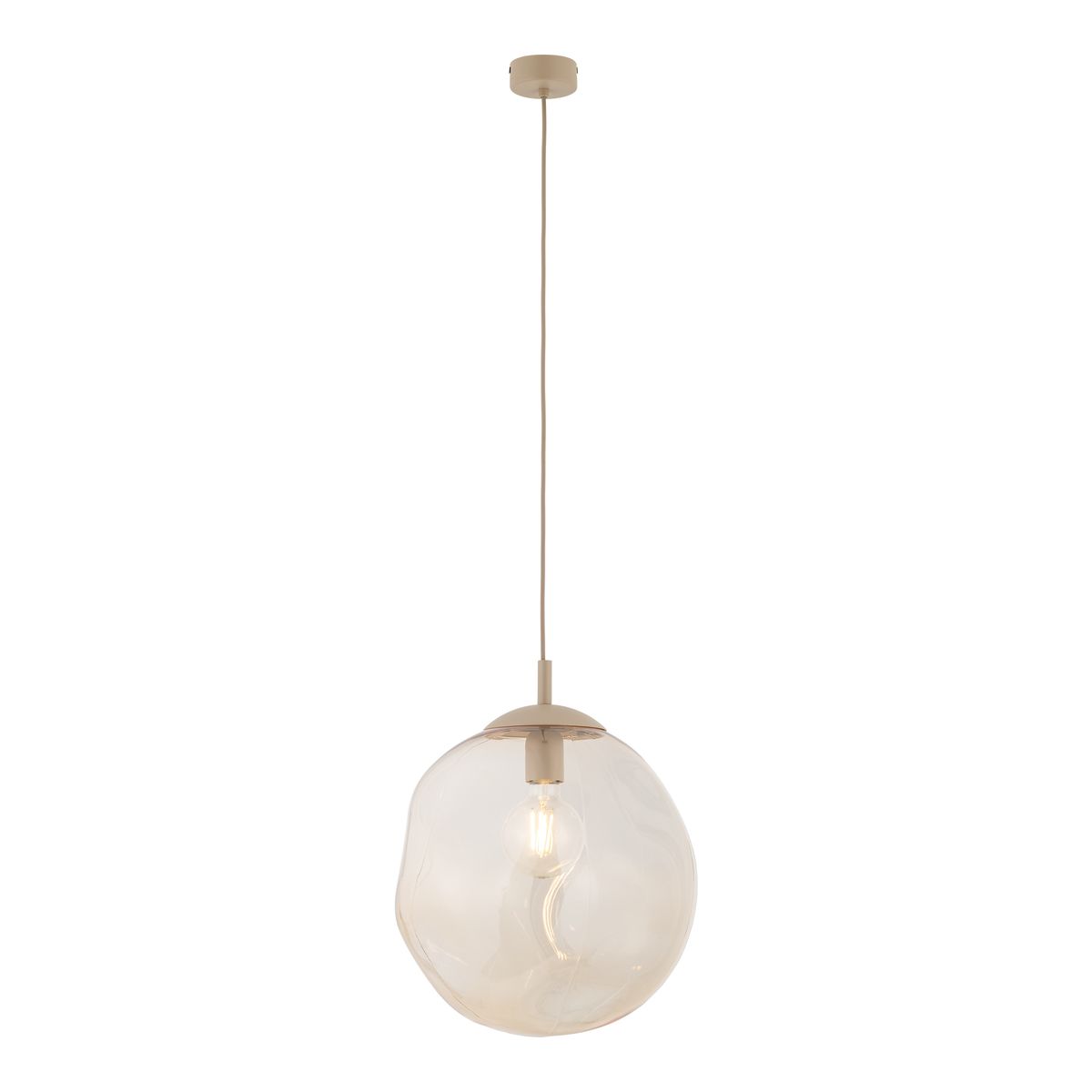 Beżowa lampa wisząca Lava Sabia D35 z żarówką E27, o zaokrąglonym, lekko falistym kloszu z przezroczystego szkła. Zawieszona na cienkim przewodzie, z metalowym stropem w kolorze beżowym. Oświetlenie w nowoczesnym stylu, idealne do wnętrz.