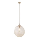 Beżowa lampa wisząca Lava Sabia D35 z żarówką E27, o zaokrąglonym, lekko falistym kloszu z przezroczystego szkła. Zawieszona na cienkim przewodzie, z metalowym stropem w kolorze beżowym. Oświetlenie w nowoczesnym stylu, idealne do wnętrz.