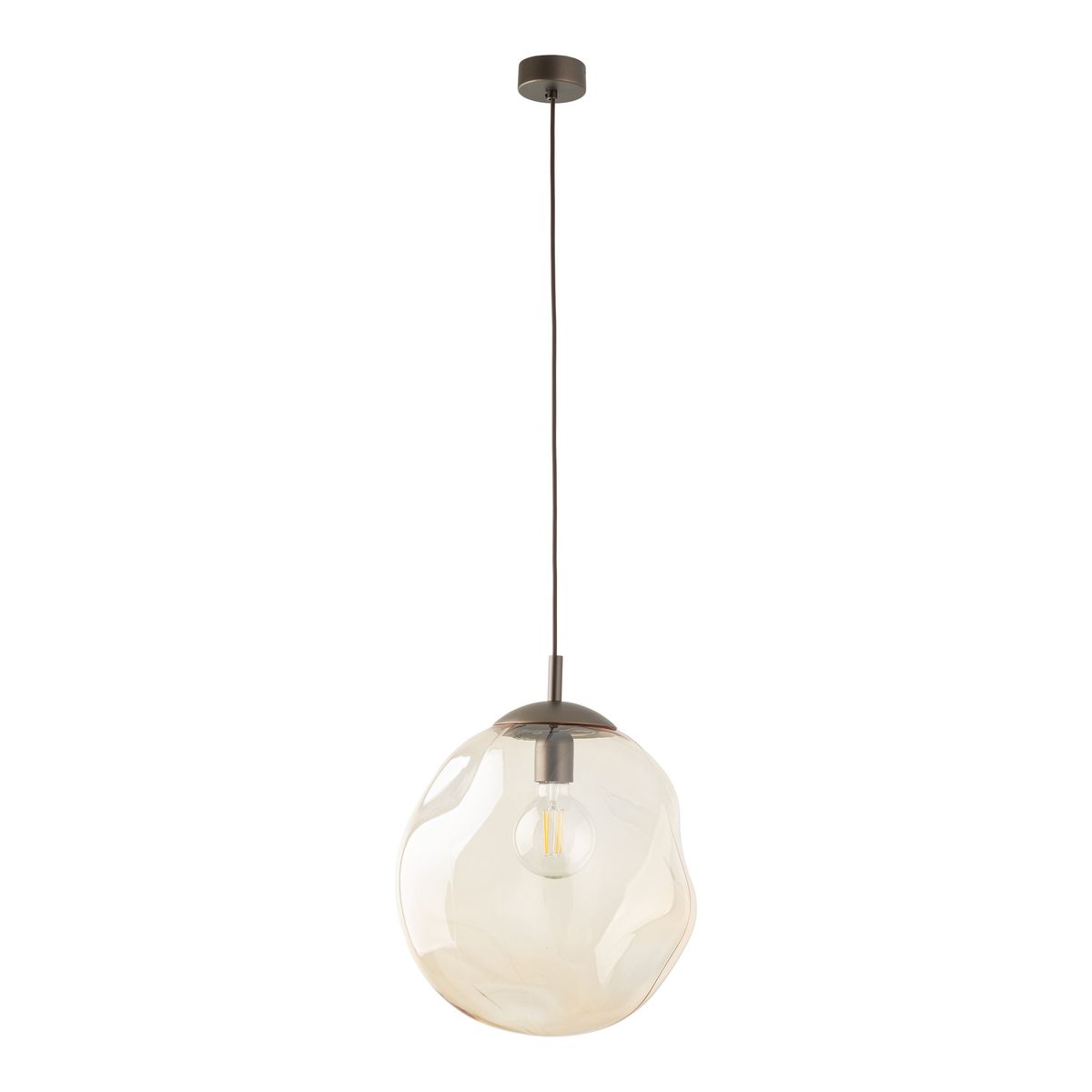 Lava Brown D35 lampa wisząca z brązowym metalowym mocowaniem, z przezroczystym, organicznie kształtowanym kloszem. Zawieszona na cienkim kablu, z widoczną żarówką E27. Prosty, nowoczesny design, idealna do wnętrz.