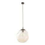 Lava Brown D35 lampa wisząca z brązowym metalowym mocowaniem, z przezroczystym, organicznie kształtowanym kloszem. Zawieszona na cienkim kablu, z widoczną żarówką E27. Prosty, nowoczesny design, idealna do wnętrz.