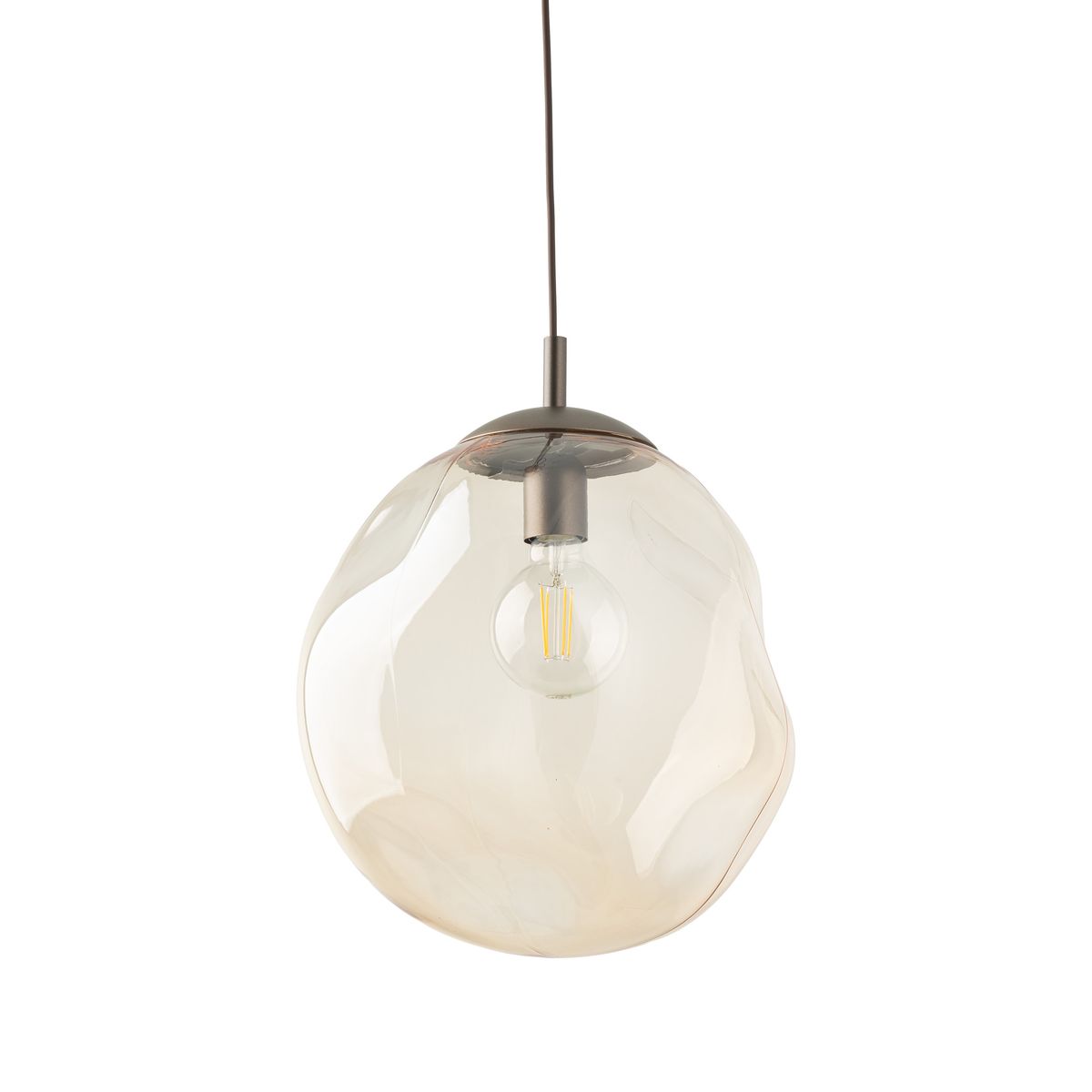 Lampa wisząca Lava Brown D35 z brązowym kloszem w kształcie owalnym, wykonana z przezroczystego szkła. Zawiera jedno gniazdo E27. Klosz wiszący na cienkim przewodzie, z metalowym mocowaniem u góry.